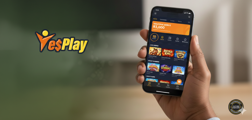 Close-up of a smartphone featuring the YesPlay mobile app with casino and sports betting options