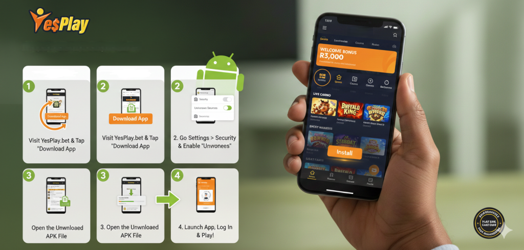 Smartphone displaying the YesPlay app with Android integration graphics in the background